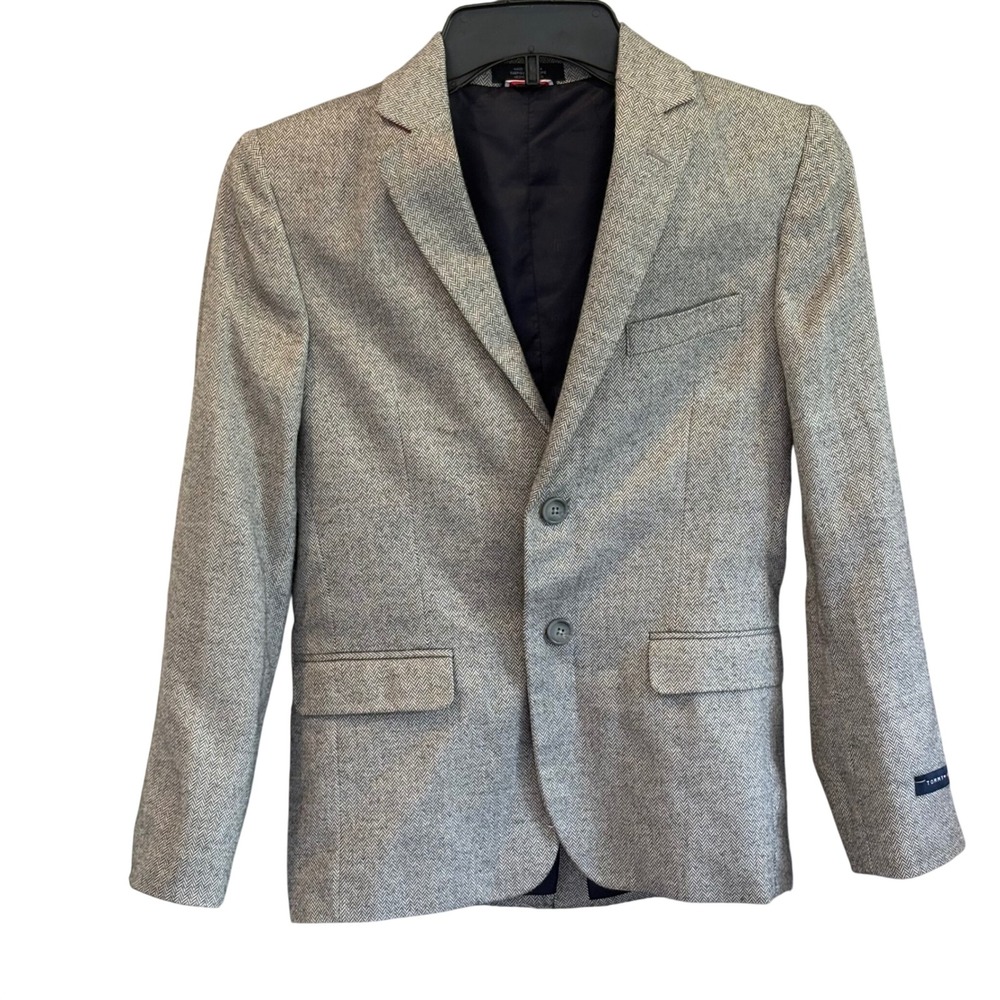 Tommy Hilfiger Boys Gray Herringbone Tweed Blazer Jacket Sport Coat Size 8 10 M